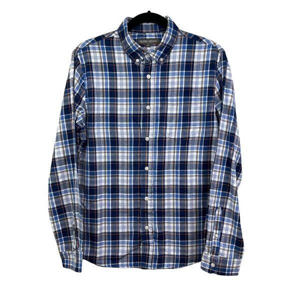 Slate & Stone Button Down Plaid‎ Shirt Long Sleeves Blue White Orange Men Size S - Picture 1 of 5